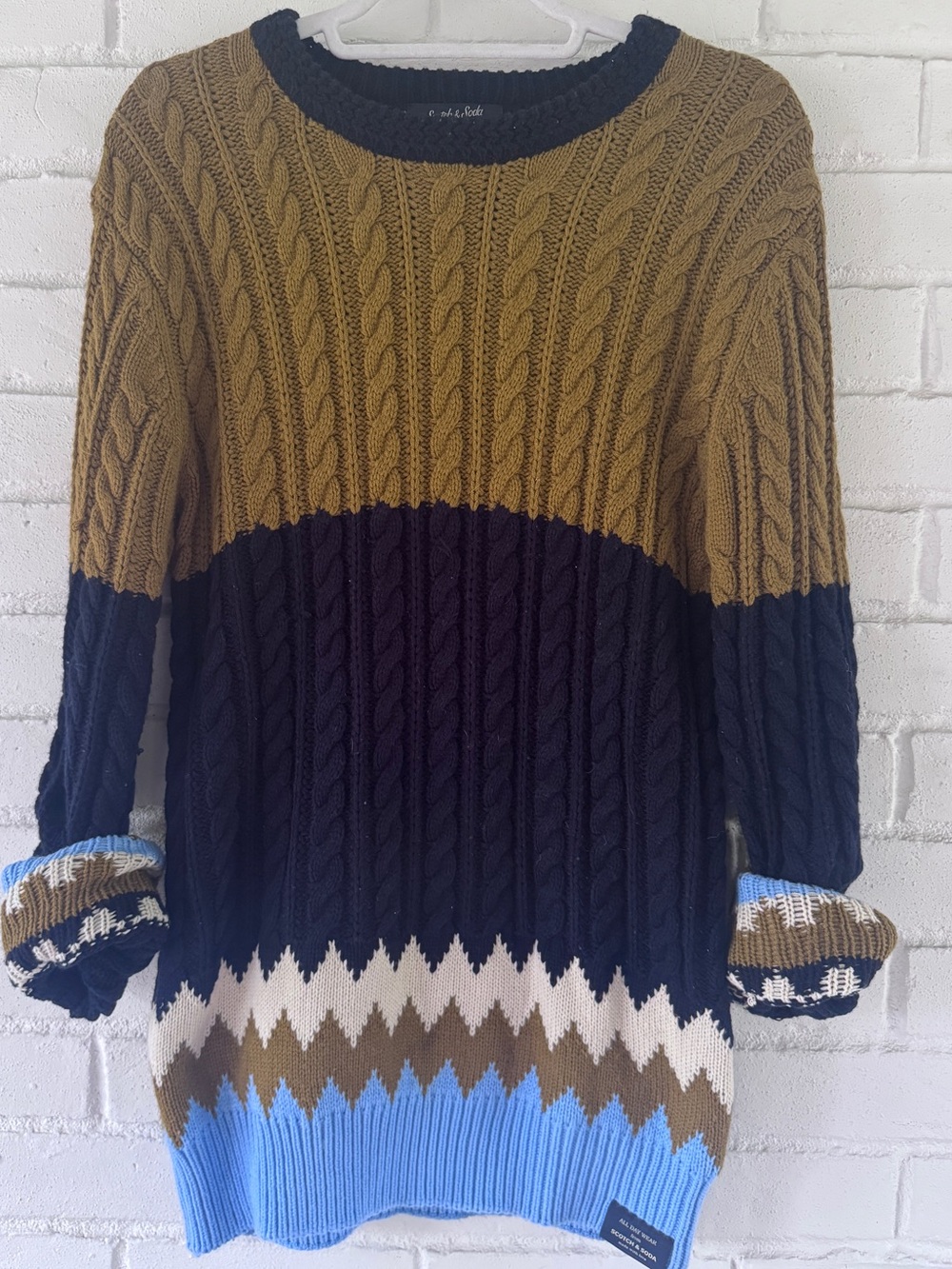 SCOTCH & SODA • Cable Knit Colorblock Crewneck Sweater • LARGE